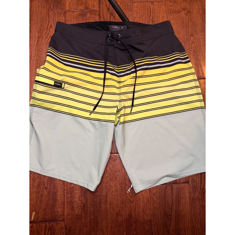 ONeill Mens Board Shorts Size 34 Black Yellow Grey Striped Swim Trunks RN85773